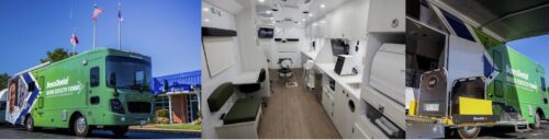 Interior and exterior views of the new Benco Dental Mobile Dental Coach.